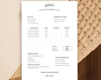 Editable Invoice Template, Printable Invoice, Custom Order Form, Photography Invoice Template, Minimalist Invoice Template, Sales Invoice