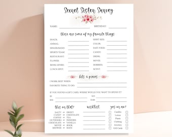Secret Sister Questionnaire Get To Know You Template Secret Sister Survey All About Me Printable Gift Exchange Ideas Get To Know Me Template