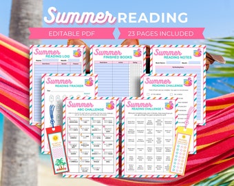 May include: A set of printable summer reading logs and challenges featuring a pink flamingo design. The pages include a reading log, finished books tracker, reading notes, reading challenge, and an ABC challenge. The pages are designed to help kids track their reading progress over the summer.