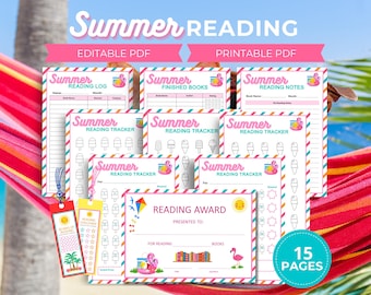 Könnte beinhalten: Eine Sammlung druckbarer Sommerleseprotokolle, Tracker und Auszeichnungen. Die Designs zeigen einen Flamingo, Eiscreme und einen Drachen. Der Text enthält "Summer Reading", "Editable PDF", "Printable PDF" und "15 Pages".
