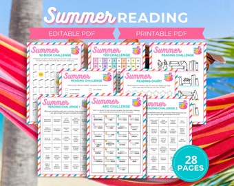 Könnte beinhalten: Ein Satz druckbarer Sommer-Lesechallenge-Diagramme und -Tracker. Die Diagramme zeigen ein rosafarbenes Flamingo-Design und beinhalten Herausforderungen wie das Lesen eines Buches, das am Strand spielt, das Lesen eines Buches über einen Hund und das Lesen eines Buches über eine Königin. Die Diagramme sollen Kinder dazu ermutigen, im Sommer zu lesen.