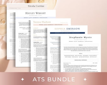Könnte beinhalten: Ein Stapel von vier Lebenslaufvorlagen mit goldfarbenem und weißem Hintergrund. Der Text "ATS Bundle" befindet sich am unteren Rand des Bildes.
