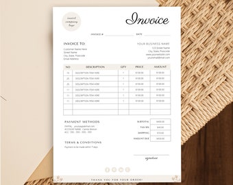 May include: A beige and white invoice template with a handwritten font. The invoice includes sections for customer information, item description, quantity, price, amount, payment methods, terms and conditions, and a signature line. The text "Thank you for your order!" is at the bottom of the invoice.