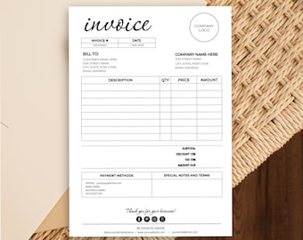 May include: A black and white invoice template with the word "invoice" in cursive at the top. The template includes sections for billing information, a description of items, quantity, price, and amount. It also includes sections for payment methods and special notes and terms.