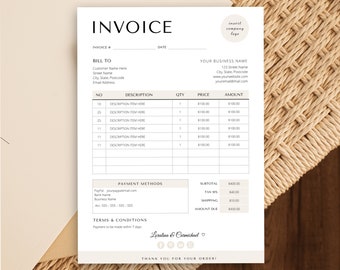 May include: A minimalist invoice template with a beige background. The invoice includes sections for billing information, itemized descriptions, quantities, prices, and amounts. It also includes payment methods, terms and conditions, and a thank you message.