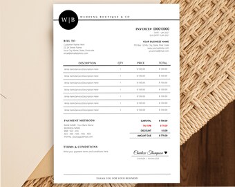 Puede incluir: Una factura en blanco y negro de Wedding Boutique & Co. La factura incluye campos para información del cliente, descripciones de artículos, cantidades, precios y métodos de pago. El importe total adeudado es de 770,00 €. La factura está sobre un fondo blanco.