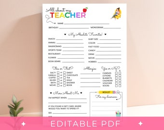 All About My Teacher, Teacher Appreciation Week, Teacher Survey, Teacher Appreciation Gift, Favorite Things Teacher Questionnaire