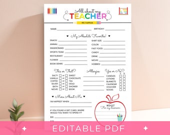 Teacher Favorites Printable, Back to School Teacher Survey, Teacher Favorites List, Teacher Favorites Editable, All About My Teacher