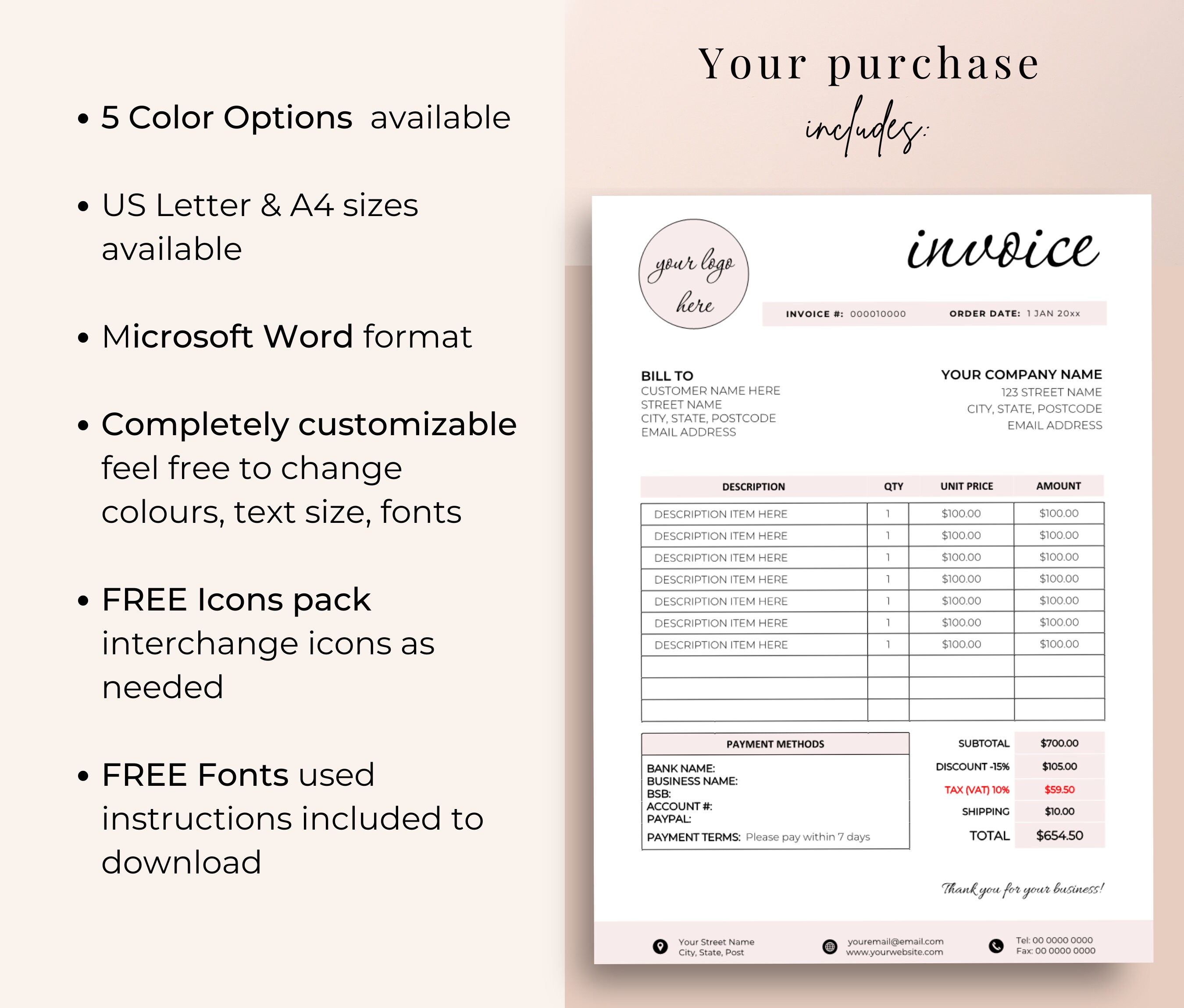 Invoice Template Editable, Custom Order Form, Modern Invoice Template ...
