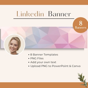May include: A set of 8 customizable LinkedIn banner templates. The templates feature a pink and blue geometric background with a woman's smiling face in a circle. The text on the image reads "Linkedin Banner" and "8 Banners".