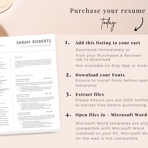 May include: A black and white resume template with a heart rate line graphic at the top. The template is titled "Sarah Roberts, Registered Nurse". The text "Purchase your resume today" is written in a black cursive font with an arrow pointing to the right. The text below the title includes instructions on how to purchase the resume template, including downloading fonts and extracting files.