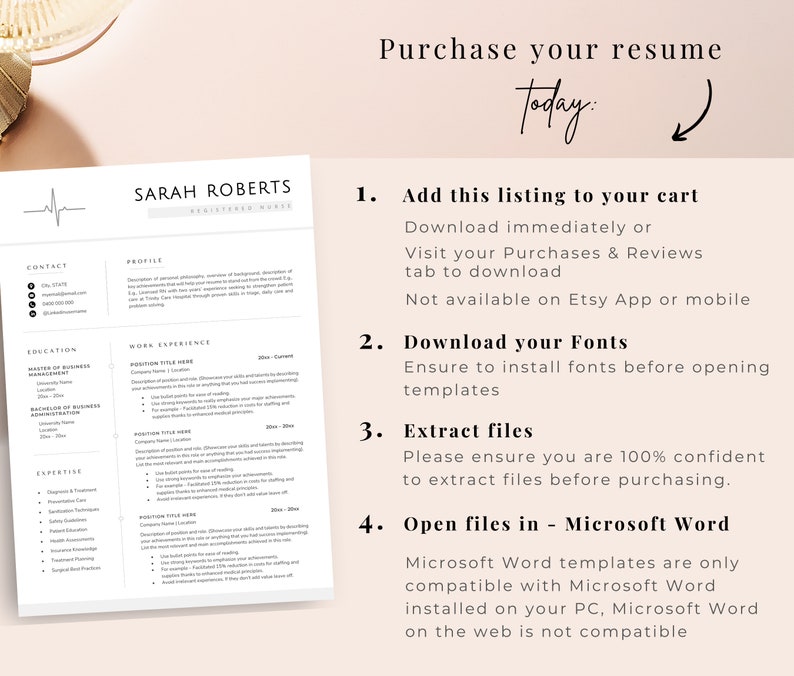 May include: A black and white resume template with a heart rate line graphic at the top. The template is titled "Sarah Roberts, Registered Nurse". The text "Purchase your resume today" is written in a black cursive font with an arrow pointing to the right. The text below the title includes instructions on how to purchase the resume template, including downloading fonts and extracting files.