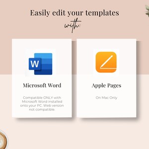 Puede incluir: Dos cuadrados blancos con iconos azules y naranjas. El cuadrado de la izquierda tiene un icono azul con la letra "W" y el texto "Microsoft Word". El cuadrado de la derecha tiene un icono naranja con un l&aacute;piz y una l&iacute;nea y el texto "Apple Pages". El texto debajo de los iconos dice "Compatible SOLO con Microsoft Word instalado en tu PC. La versi&oacute;n web no es compatible." y "Solo en Mac".