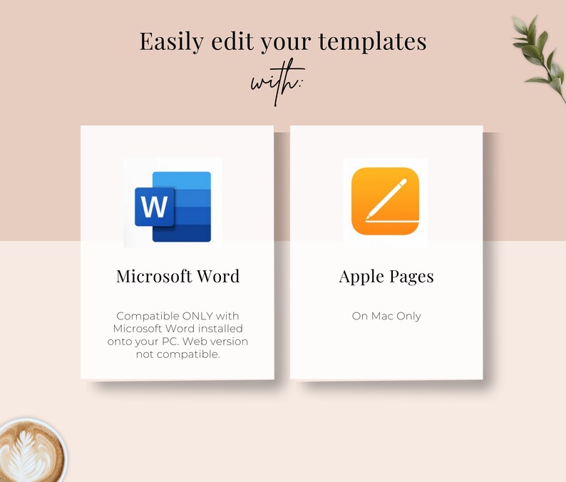 Puede incluir: Dos cuadrados blancos con iconos azules y naranjas. El cuadrado de la izquierda tiene un icono azul con la letra "W" y el texto "Microsoft Word". El cuadrado de la derecha tiene un icono naranja con un l&aacute;piz y una l&iacute;nea y el texto "Apple Pages". El texto debajo de los iconos dice "Compatible SOLO con Microsoft Word instalado en tu PC. La versi&oacute;n web no es compatible." y "Solo en Mac".