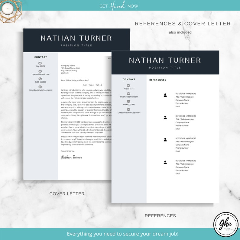 Peut inclure: Un mod&egrave;le de CV noir et blanc avec le nom Nathan Turner et le texte "GET Hired NOW" en haut. Le CV comprend des coordonn&eacute;es, une lettre de motivation et des r&eacute;f&eacute;rences.