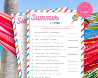 Summer Trivia Game Summertime Games, Summer Party Games, Pool Party Games, Summer Activities Printable, Fun Summer Activity Games for Adults
