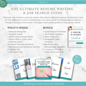 Peut inclure: Un guide pour la r&eacute;daction de CV et la recherche d'emploi avec 150 pages de conseils et de mod&egrave;les. Le guide comprend des sections sur la r&eacute;daction de CV, les lettres de motivation, les questions d'entretien, les conseils LinkedIn, les conseils de recherche d'emploi et la passion professionnelle. Le guide est intitul&eacute; "The Ultimate Resume Writing & Job Search Guide".