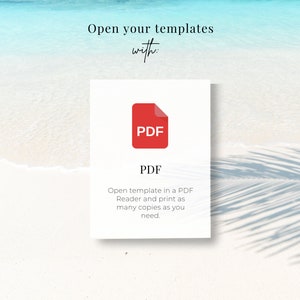 May include: A white card with a red PDF icon and the text "Open your templates with: PDF" and "Open template in a PDF Reader and print as many copies as you need."