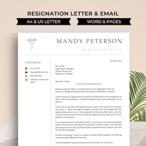 May include: A resignation letter template for a registered nurse. The letter is addressed to Mrs. Smith, Department Manager, Human Resources at Mendelson Hospital. The letter includes a contact section with an email address, phone number, and LinkedIn profile link. The letter is dated 1st April 20xx.