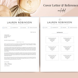May include: A two-page resume template set featuring a cover letter and a references page. The documents display the name Lauren Robinson, the title Elementary School Teacher, contact icons, and placeholder text for professional information.