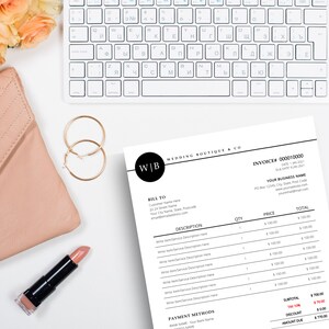 May include: A flat lay featuring a white keyboard, a pink clutch, gold hoop earrings, and a tube of lipstick. A wedding boutique invoice is on the right. The invoice has the text "WEDDING BOUTIQUE & CO" and "INVOICE #000010000".