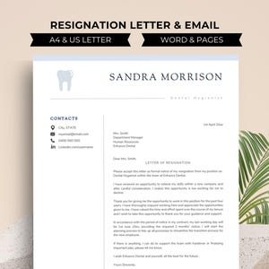 May include: A resignation letter template for a dental hygienist. The template includes a professional header with a tooth icon, contact information, and a section for the letter of resignation. The letter is addressed to Mrs. Smith, Department Manager, Human Resources at Enhance Dental. The letter states that the employee is resigning from their position as a Dental Hygienist and provides a two-month notice period.