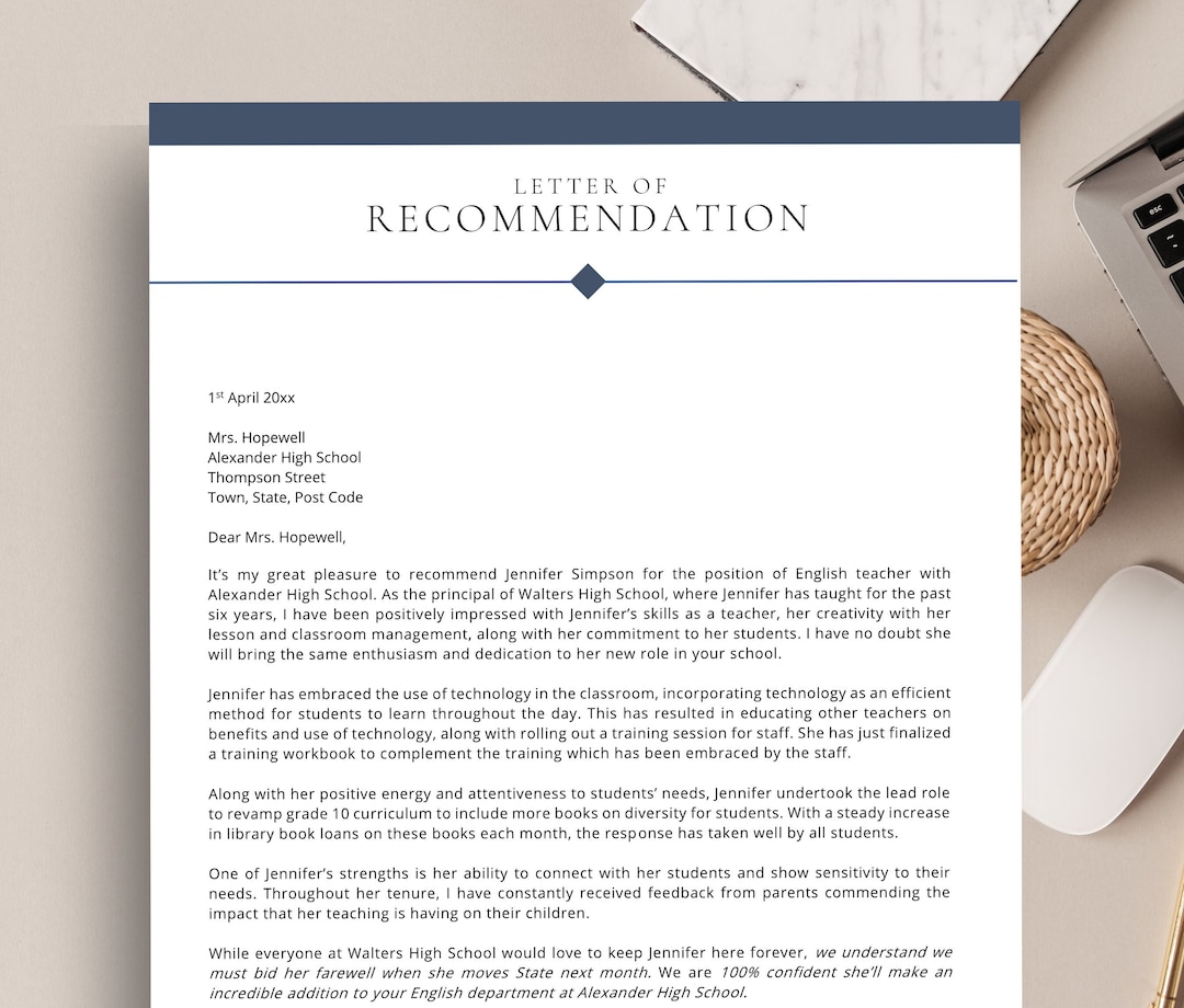 Reference Letter for a Teacher, Letter of Template