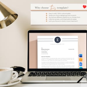 K&ouml;nnte beinhalten: Ein Laptop-Bildschirm zeigt eine professionelle Briefkopfvorlage mit einem dunkelblauen kreisf&ouml;rmigen Logo mit dem Buchstaben E und dem Text Everlee Sommers Inc. Dar&uuml;ber steht in einem Textfeld Why choose this template? mit Aufz&auml;hlungspunkten.