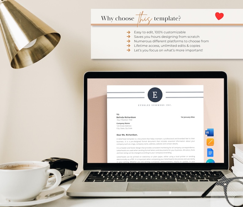 K&ouml;nnte beinhalten: Ein Laptop-Bildschirm zeigt eine professionelle Briefkopfvorlage mit einem dunkelblauen kreisf&ouml;rmigen Logo mit dem Buchstaben E und dem Text Everlee Sommers Inc. Dar&uuml;ber steht in einem Textfeld Why choose this template? mit Aufz&auml;hlungspunkten.