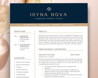 Teaching Resume Template, Teacher Resume and Cover Letter 1 Page Resume, Elementary Teacher Resume Template, CV Template Teacher Teaching Cv