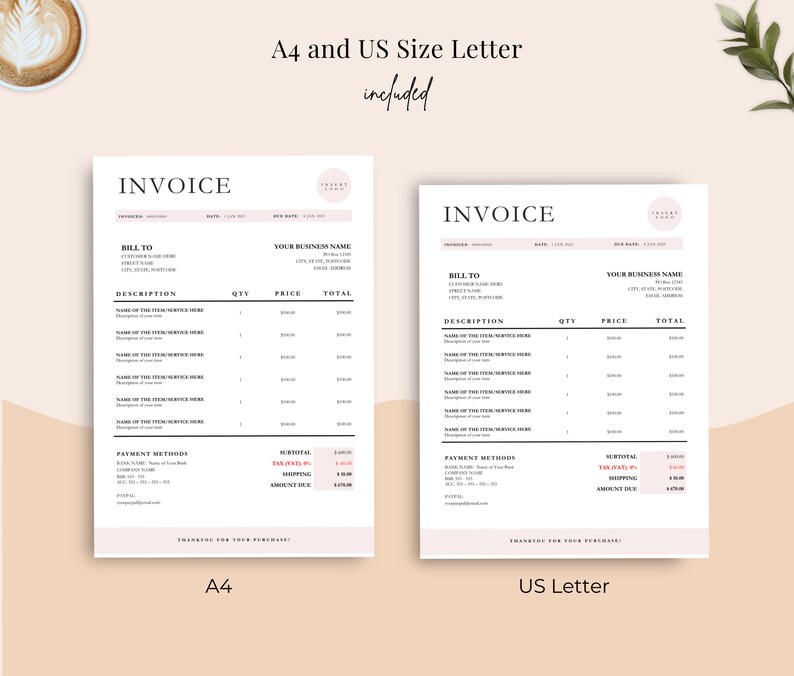 A4 and US Letter Size Invoice Template options.