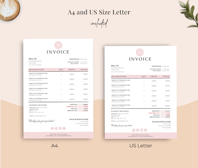 A4 and US Letter Size Invoice Template options.