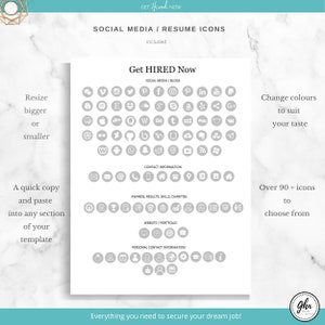 Peut inclure: Une feuille de papier blanche avec un design graphique de plus de 90 ic&ocirc;nes de m&eacute;dias sociaux et de CV. Les ic&ocirc;nes sont organis&eacute;es en cat&eacute;gories telles que les m&eacute;dias sociaux, les coordonn&eacute;es, les r&eacute;compenses, le site Web et les coordonn&eacute;es personnelles. Le texte "Get HIRED Now" est en haut de la page. Le texte "Everything you need to secure your dream job!" est en bas de la page.