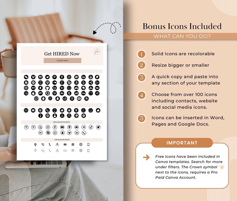 K&ouml;nnte beinhalten: Ein digitales Icon-Paket mit dem Titel Get HIRED Now, das schwarze Social-Media- und Kontaktsymbole in Kreis- und Linienform zeigt. Das Dokument enth&auml;lt Anweisungen zum Umf&auml;rben, &Auml;ndern der Gr&ouml;&szlig;e und zur Verwendung in verschiedenen Programmen.
