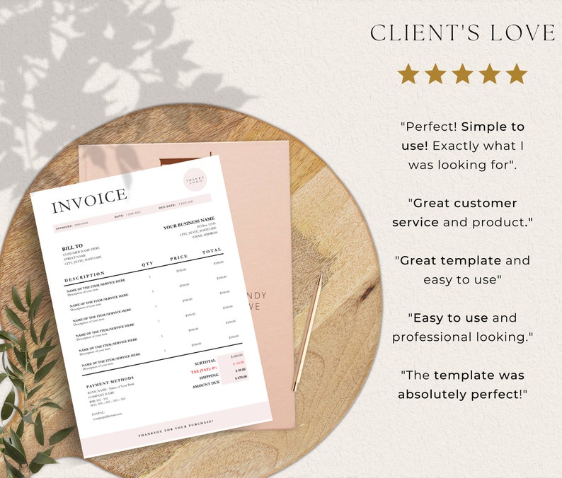Invoice template laying on top of magazine and round chopping board, next to gold pen and 5 star client reviews.