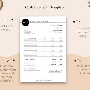 May include: A customizable invoice template with the text "Wedding Boutique & Co." in black. The invoice includes sections for buyer details, payment methods, and terms & conditions. The design is minimalist with a neutral color palette.