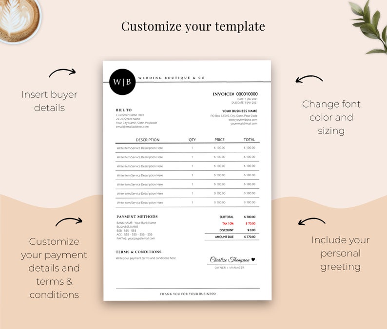 May include: A customizable invoice template with the text "Wedding Boutique & Co." in black. The invoice includes sections for buyer details, payment methods, and terms & conditions. The design is minimalist with a neutral color palette.