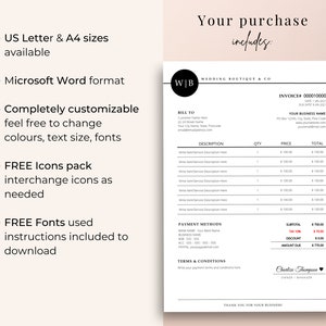 May include: A customizable wedding invoice template in Microsoft Word format. The design includes a black and white color scheme with the text "Wedding Boutique & Co." and "Your purchase includes." The invoice is available in US Letter and A4 sizes.