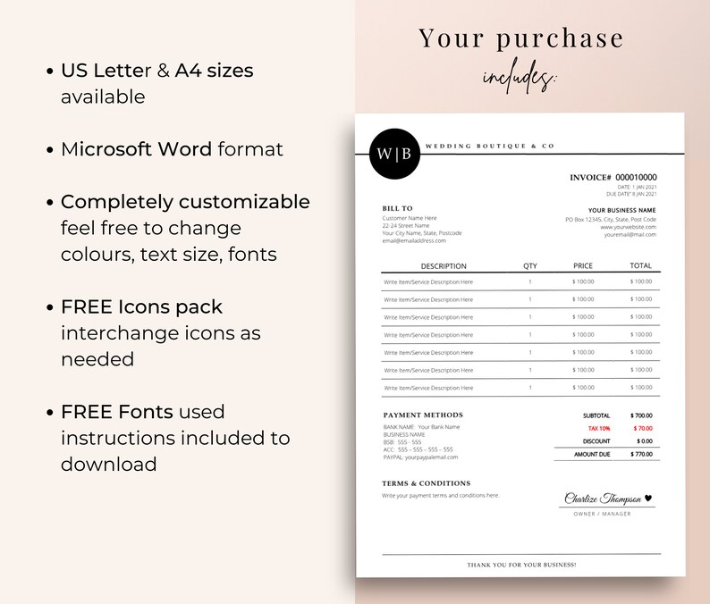 May include: A customizable wedding invoice template in Microsoft Word format. The design includes a black and white color scheme with the text "Wedding Boutique & Co." and "Your purchase includes." The invoice is available in US Letter and A4 sizes.