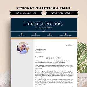 Pode incluir: Um modelo de carta de demissão com o nome "Ophelia Rogers" e o título "Creative Director". O documento inclui uma foto, informações de contato e uma carta formal de demissão. O texto "RESIGNATION LETTER & EMAIL" está no topo.