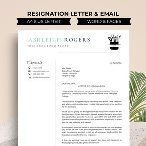 Peut inclure: Un modèle de lettre de démission de style minimaliste avec une illustration en noir et blanc de fournitures artistiques dans une tasse. La lettre est adressée à Mme Smith, directrice du département, ressources humaines du collège Heights. La lettre est datée du 1er avril 20xx.