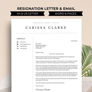 Peut inclure: Un modèle de lettre de démission en noir et blanc avec le titre "Lettre de démission et courriel" et le nom "Carissa Clarke" en gras, police sans empattement. La lettre est adressée à "Mme Smith" et comprend une section de contact avec une adresse courriel, un numéro de téléphone et un profil LinkedIn.