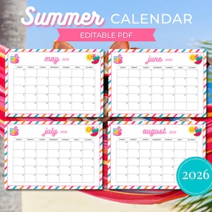 Peut inclure: Un calendrier d'été avec les mots "Summer Calendar" et "Editable PDF" en rose. Le calendrier comprend les mois de mai, juin, juillet et août 2026, chacun avec un motif de flamant rose et de soleil.