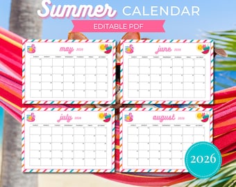 Bearbeitbarer Sommerkalender 2026, Monatskalender, Juni 2026 Kalender, Juli 2026 Kalender, August Kalender, Sommerplaner, Sommercheckliste