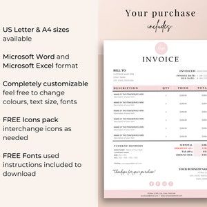 Invoice template image with what is included in your purchase – US Letter Size, A4, Microsoft Word & Excel template, Icons Pack, Free Fonts.