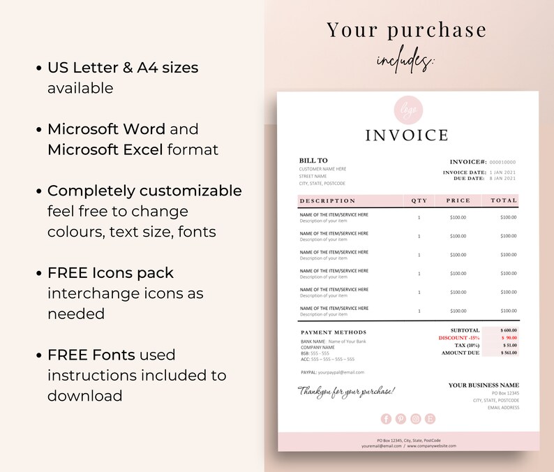 Invoice template image with what is included in your purchase – US Letter Size, A4, Microsoft Word & Excel template, Icons Pack, Free Fonts.