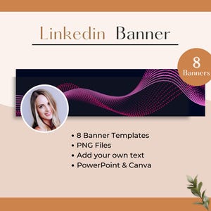 May include: A LinkedIn banner template design with a dark blue background and a flowing pink wave pattern. The image includes a circular photo of a woman and text that reads "LinkedIn Banner" and "8 Banners".