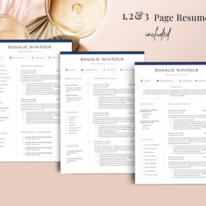 May include: A three-page resume template with a modern design. The template features a navy blue header with the name "Rosalie Wintour" and the title "Professional Title". The resume includes sections for technical skills, awards, languages, professional development, certifications, strengths, volunteer experience, education, work experience, and expertise.