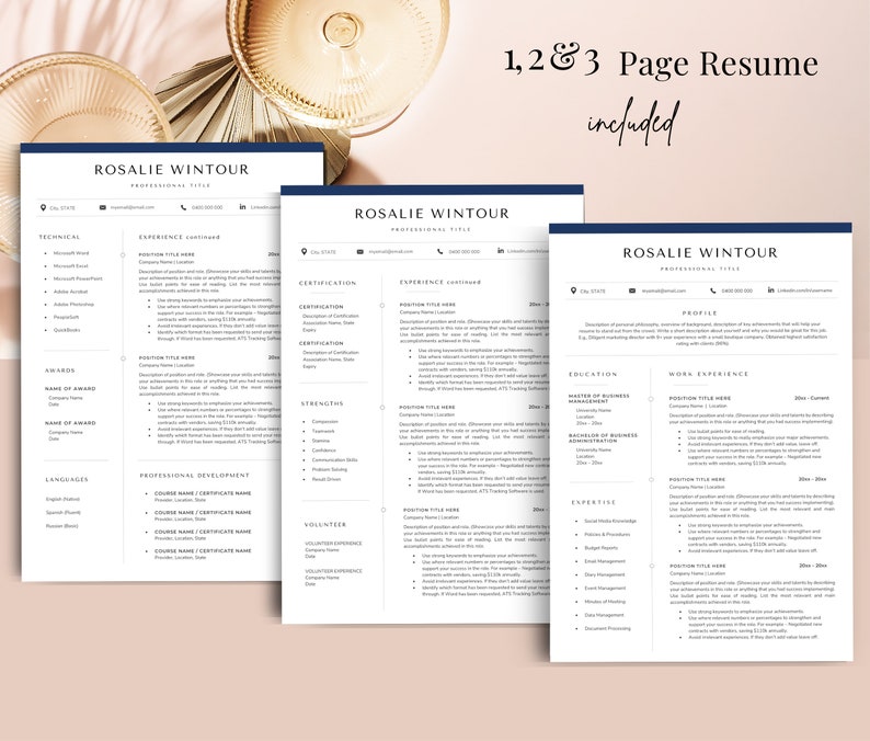 May include: A three-page resume template with a modern design. The template features a navy blue header with the name "Rosalie Wintour" and the title "Professional Title". The resume includes sections for technical skills, awards, languages, professional development, certifications, strengths, volunteer experience, education, work experience, and expertise.