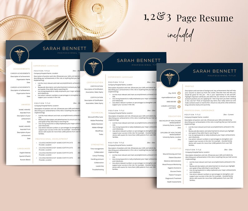 1, 2 & 3 page Resume Template, laying next to a champagne glass sitting on a nude/beige table.